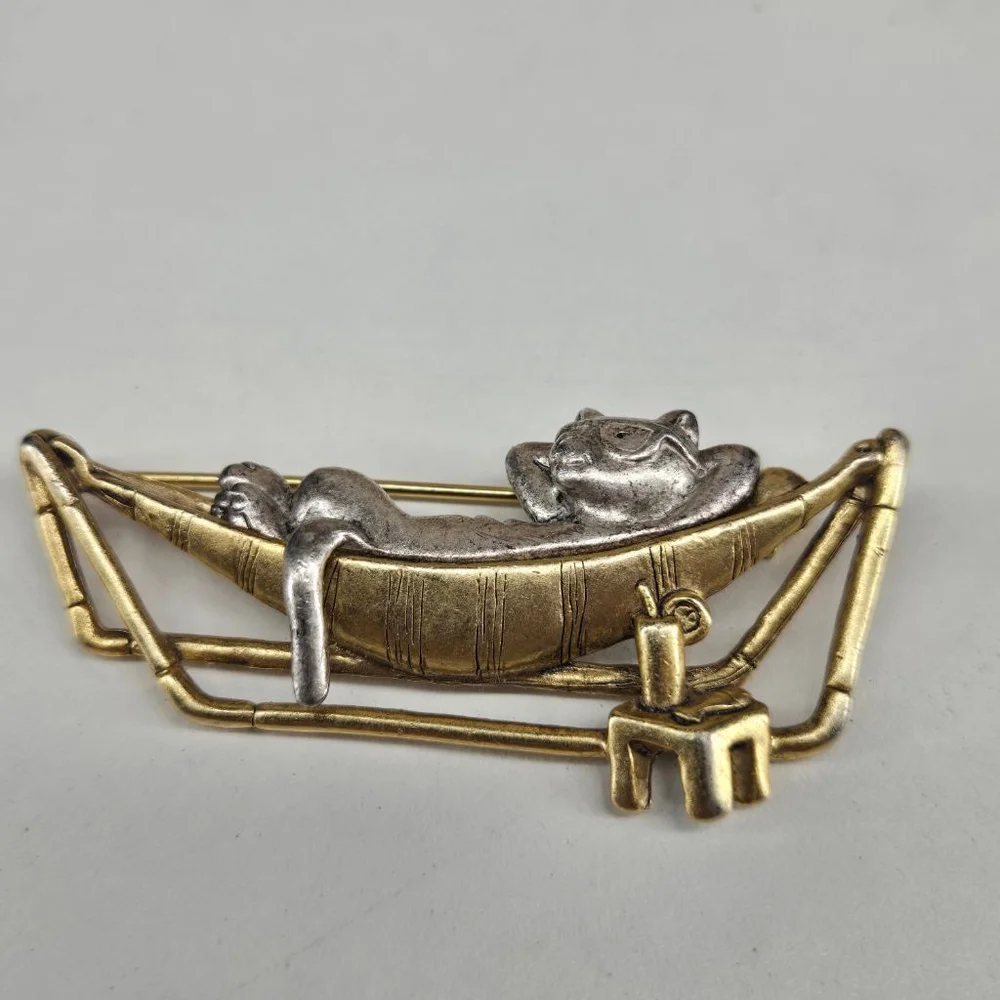 Vintage Danecraft Brooch Cat in Hammock Women's Pin Goldtone Silvertone